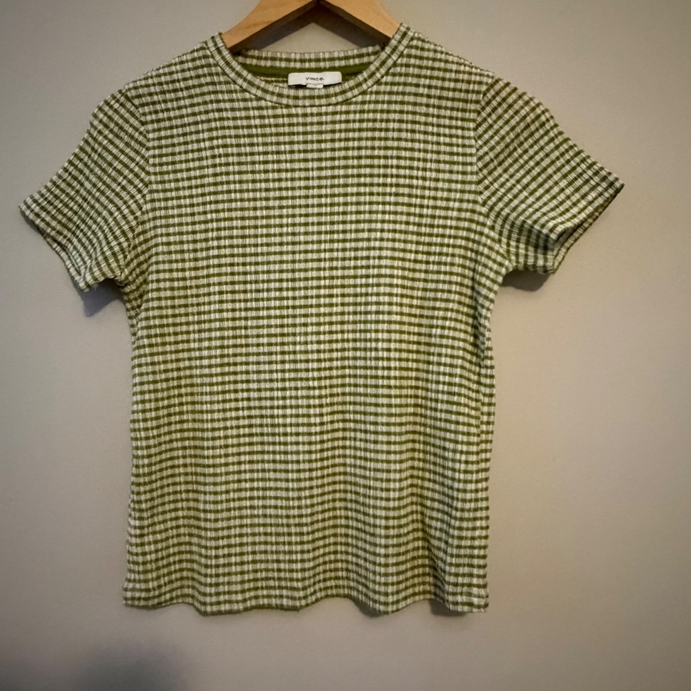 Vince Womens Green White Micro Check Textured Short Sleeve Top Size S